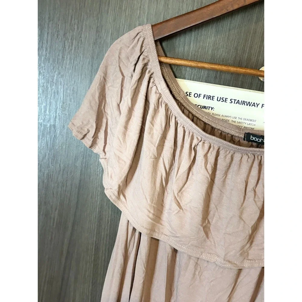 Boohoo Swing Dress Women's 10 Brown Off The Shoulder Pleated Sleeveless Pullover